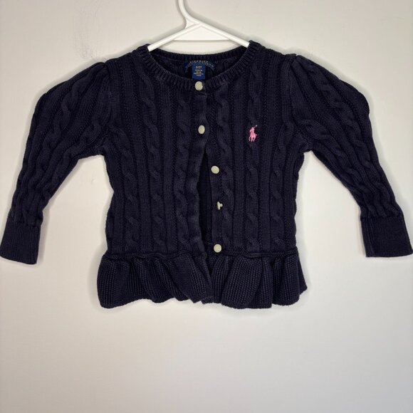 POLO RALPH LAUREN Girls Sweater 2/2T Navy Peplum Pink Pony Button Up - Picture 1 of 4